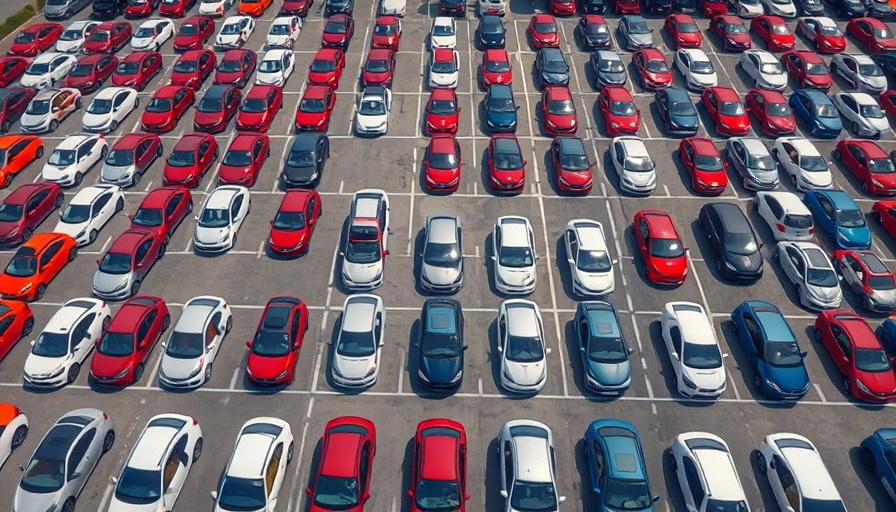 Aerial view of organized parked cars, inventory management.