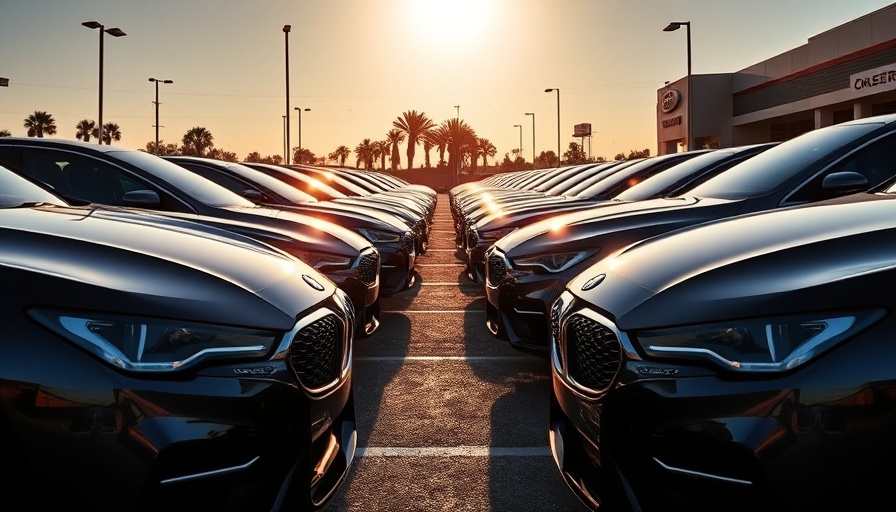 Auto Retail Outlook: Modern cars in dealership lot at sunset.