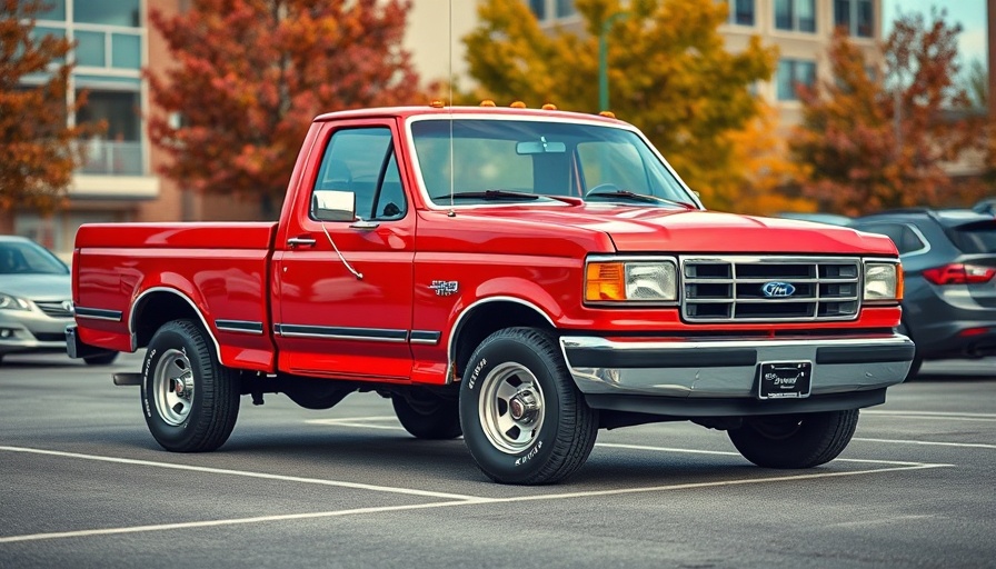 Bright red 1992 Ford F-150 parked in urban area with fall trees