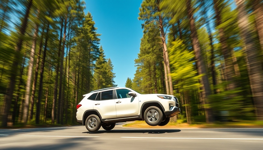 White SUV airborne on forest road, dynamic movement, impact of Trump's Tariffs.