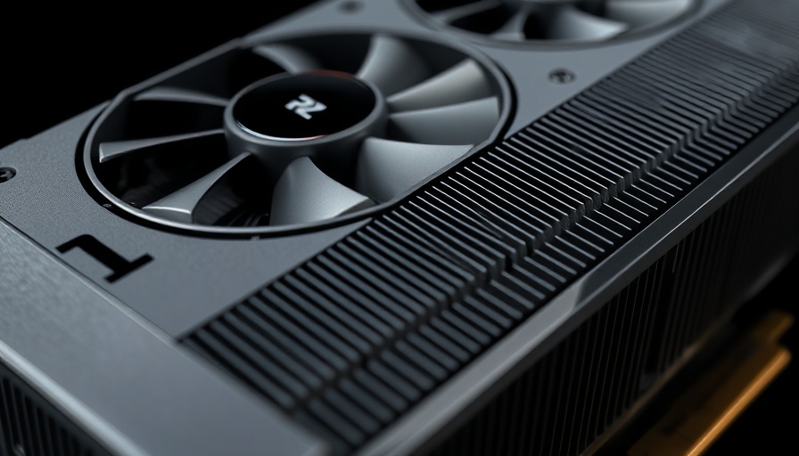 Close-up of RTX 5070 graphics card with sleek ribbed design.