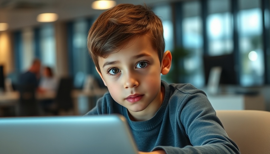 Young boy focused on a laptop in an office setting, Waydroid.