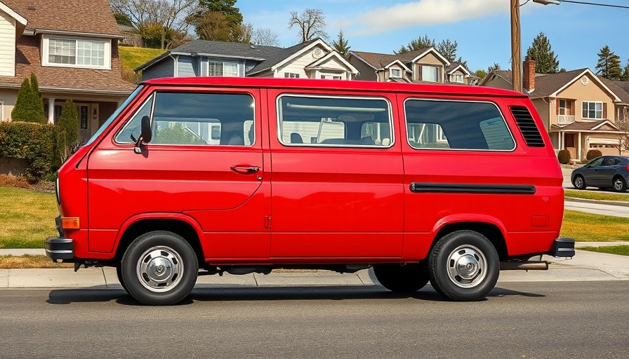 Vintage red minivan in a suburban street setting