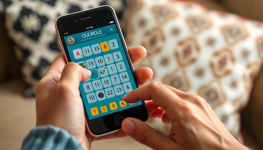 Close-up of Quordle game on smartphone in hand, home setting.