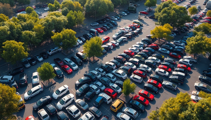 Aerial view of cars in a parking lot illustrating auto market stability.