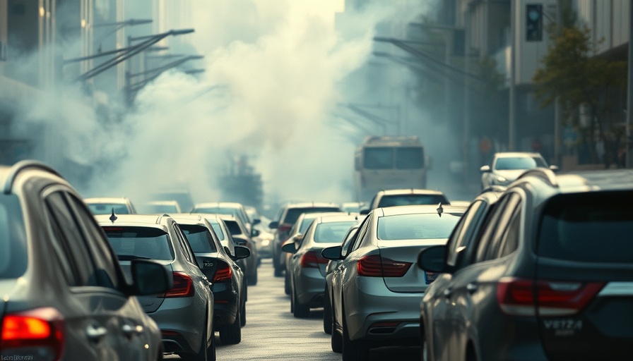 CO2 emissions policy visualized with cars emitting fumes in traffic.