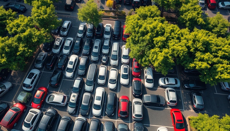 Aerial view of a parking lot showcasing various cars, tariffs in auto market.