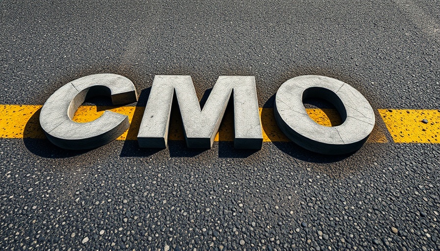 CMOs street text graphic on asphalt road.