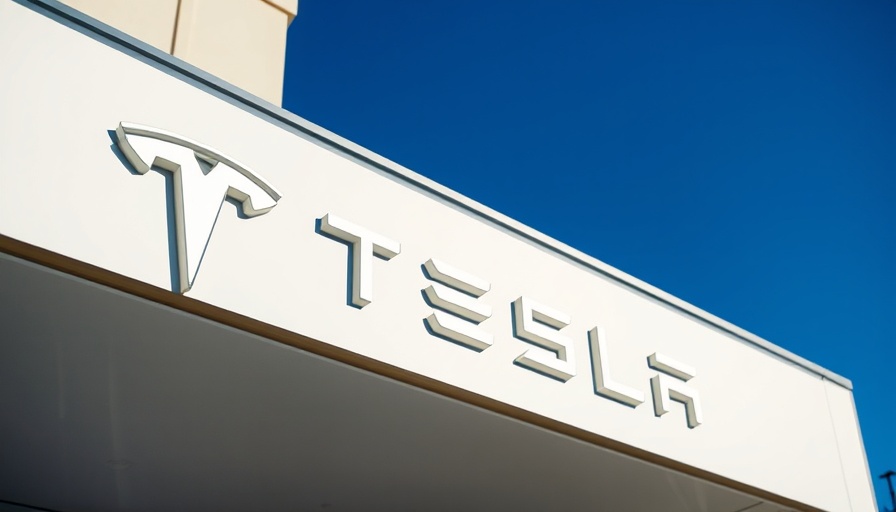 Tesla store sign reflecting on glass under blue sky.