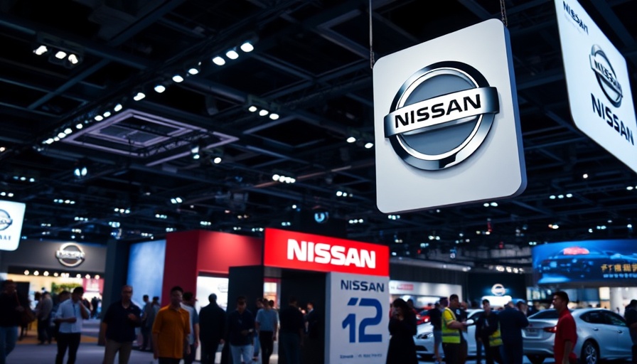 Nissan logo at auto show promoting Honda-Nissan deal