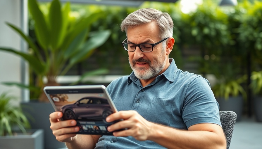 Man watching automotive video content outdoors on a tablet.