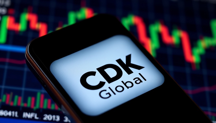 CDK Global logo and stock market graph, CDK settlement context.