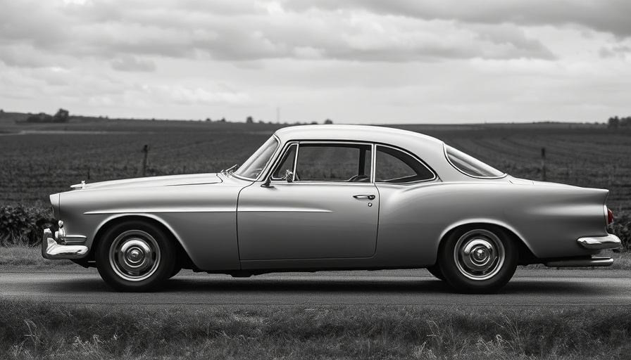 Vintage car parked on rural road, black and white photo.