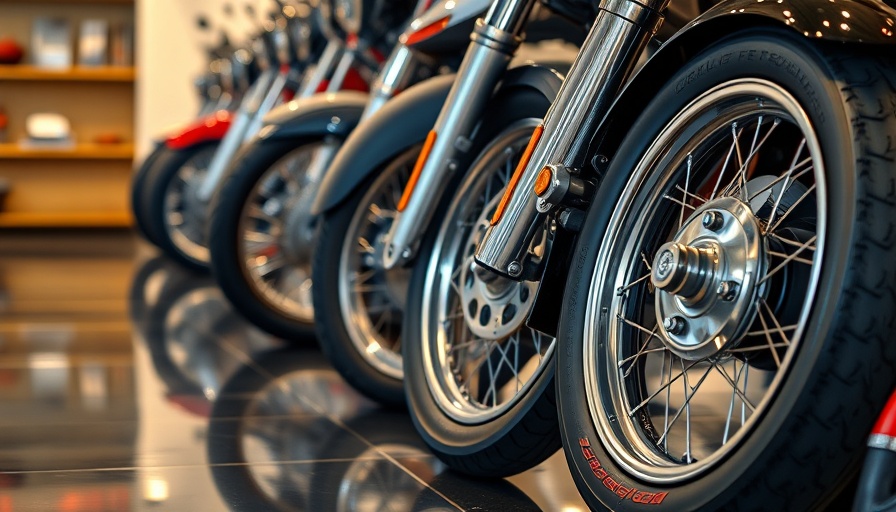 Motorcycle front wheels aligned in showroom, HDFS originations.