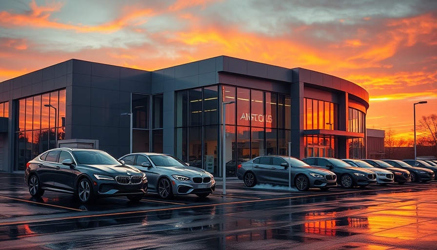 Car dealership at sunset showcasing automotive expansion.