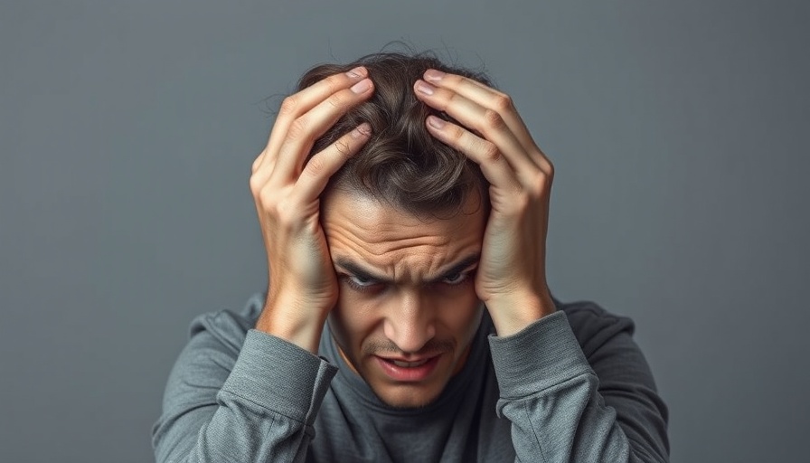 Hands clutching head to depict stress in a photorealistic style.