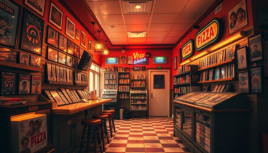 Nostalgia marketing in a retro pizza store with DVDs and checkered floor.