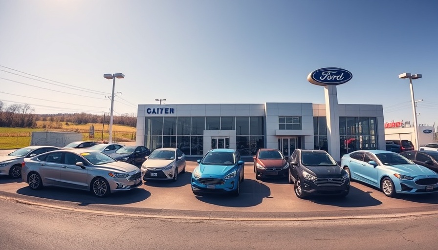 Ford dealership showcasing cars with blue sky backdrop, illustrating Ford Credit lease portfolio.