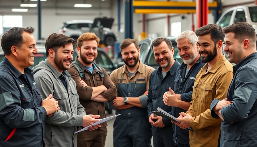 Diverse automotive industry workers learning in a garage setting.