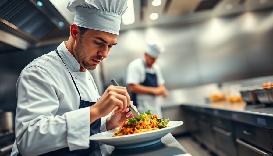 Chef cooking in a professional kitchen with vibrant lighting.