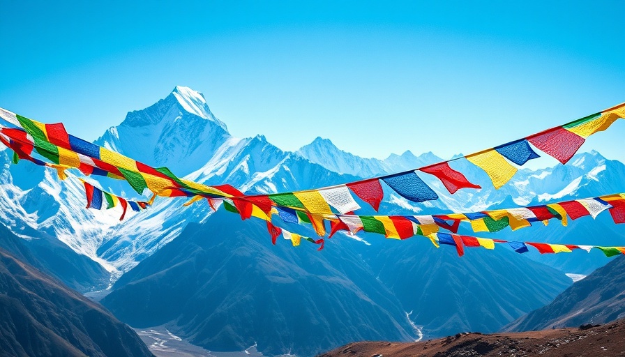 Majestic mountain landscape with colorful Tibetan prayer flags, embodying One-Up selling potential.