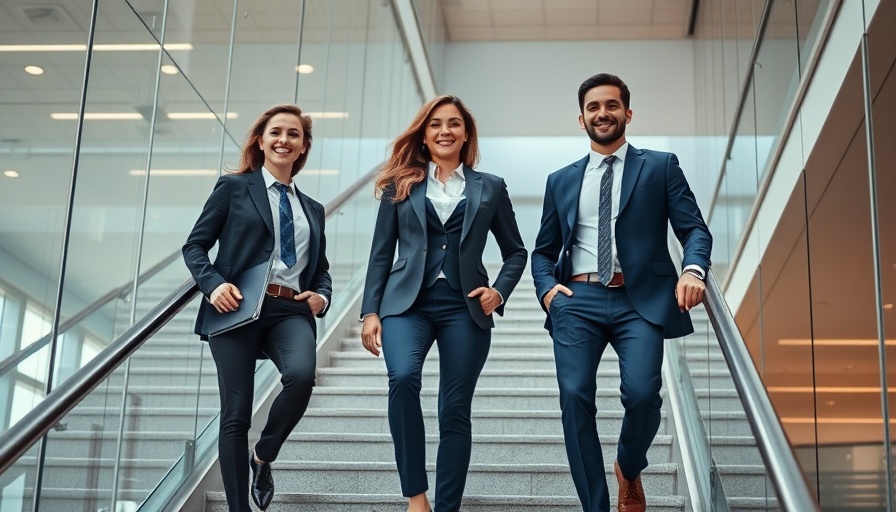 Three business professionals walking up stairs confidently in an office.