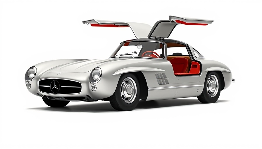 Sleek vintage Mercedes-Benz 300SLR with gullwing doors open.