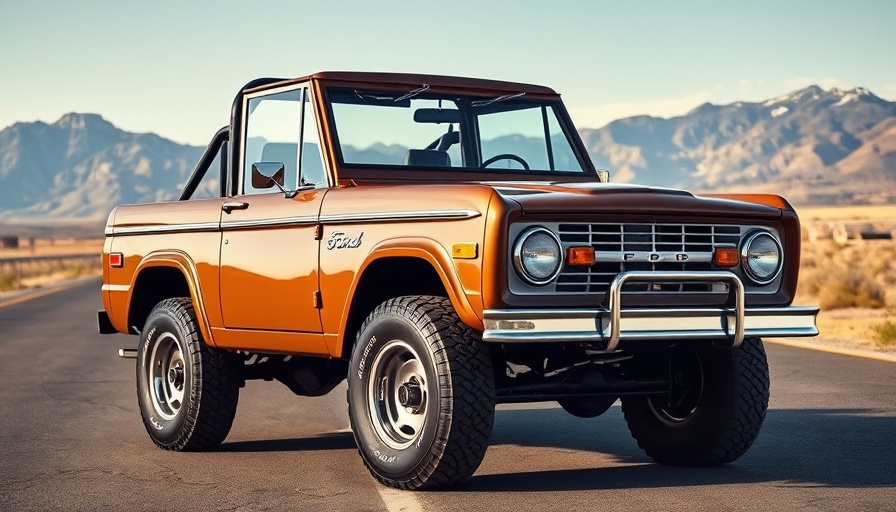 1976 Ford Bronco on scenic mountain road, showing vintage charm.