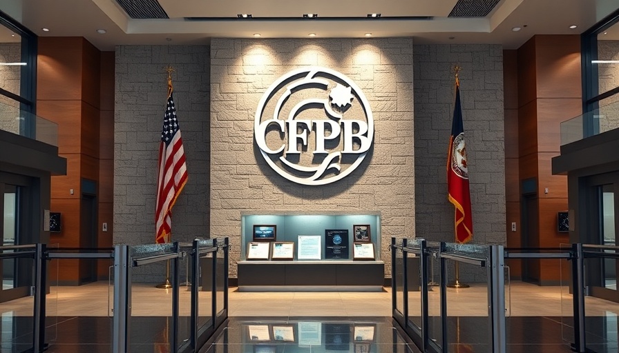 CFPB logo in lobby with security gates and flags, CFPB halt context.