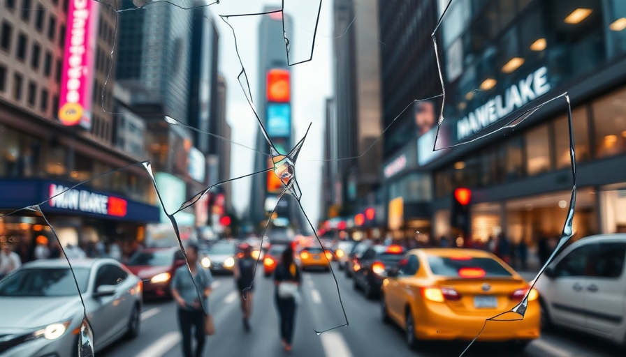 Urban scene symbolizing auto industry disruption with shattered glass.