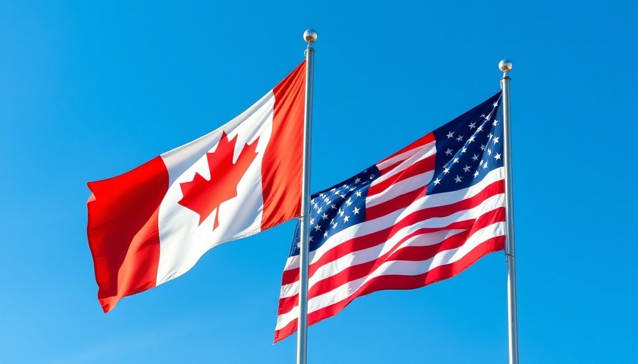 Canadian and American flags waving against the sky