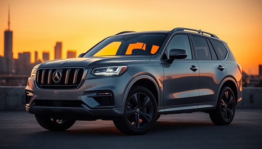 Silver SUV parked at sunset with city skyline in the background.