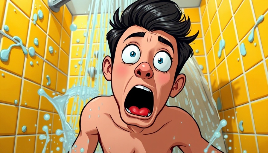 Retro cartoon man slipping in shower, multiply energy gains message.