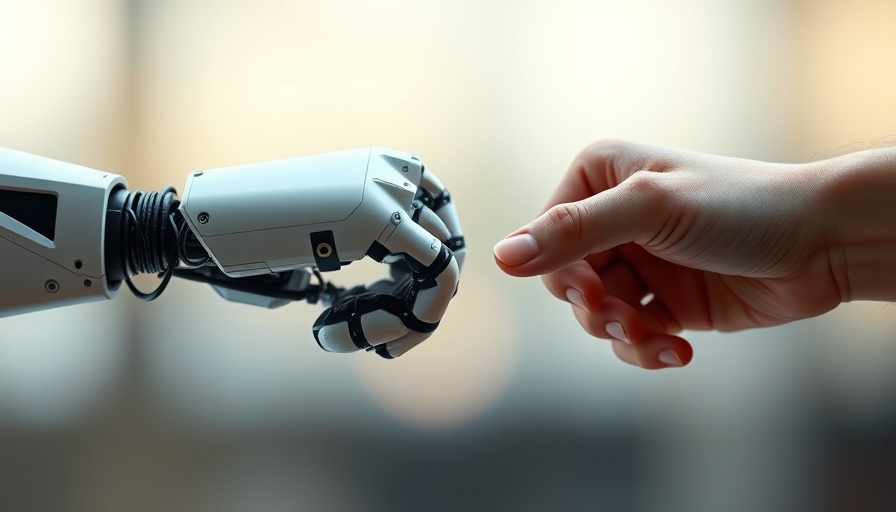 Cybernetic hand and human hand in a fist bump, symbolizing collaboration.