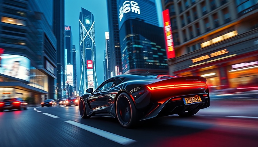 Sleek remote-driven car racing through futuristic neon cityscape.