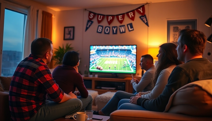 Friends watching the Super Bowl in a cozy living room setting.