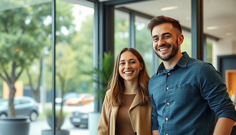 Happy couple entering a store, showcasing retail footprint.