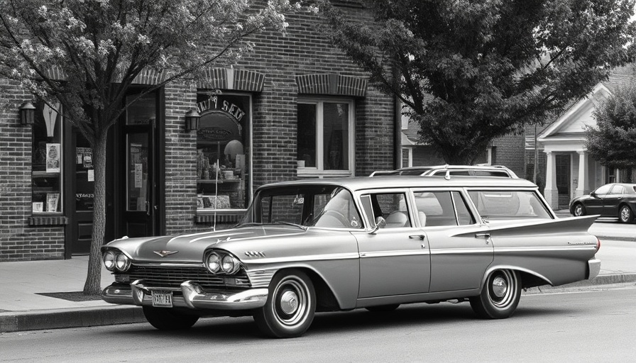 Vintage station wagon by storefront in black and white.