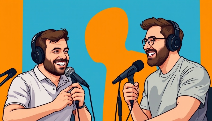 Graphic of two men with microphones for used-car market podcast.