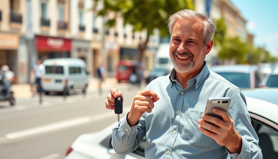 Middle-aged man holding smartphone and car key, parked cars.