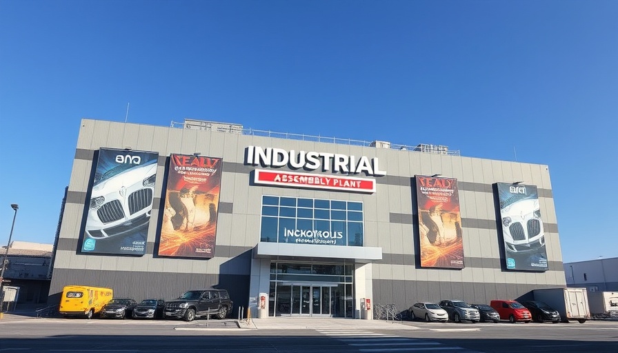 Automotive assembly plant with banners, related to auto tariffs.