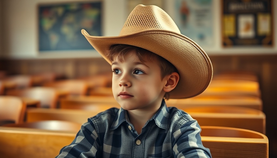 Young boy in a classroom, wearing a cowboy hat, 2025 Super Bowl Commercials.