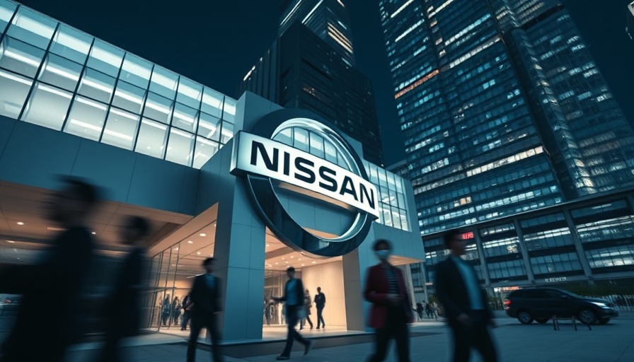 Nissan headquarters entrance sign at night, urban backdrop.