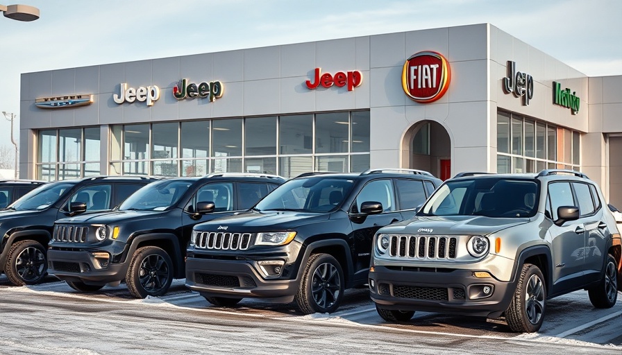 Car dealership showcasing Jeep and Fiat vehicles.