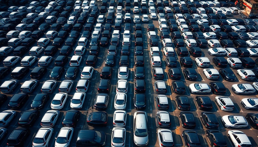 Aerial view of parked cars symbolizing automobile tariffs impact.