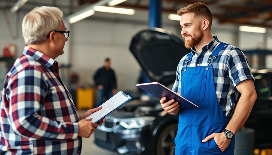 Mechanic and customer discussing car maintenance in dealership.