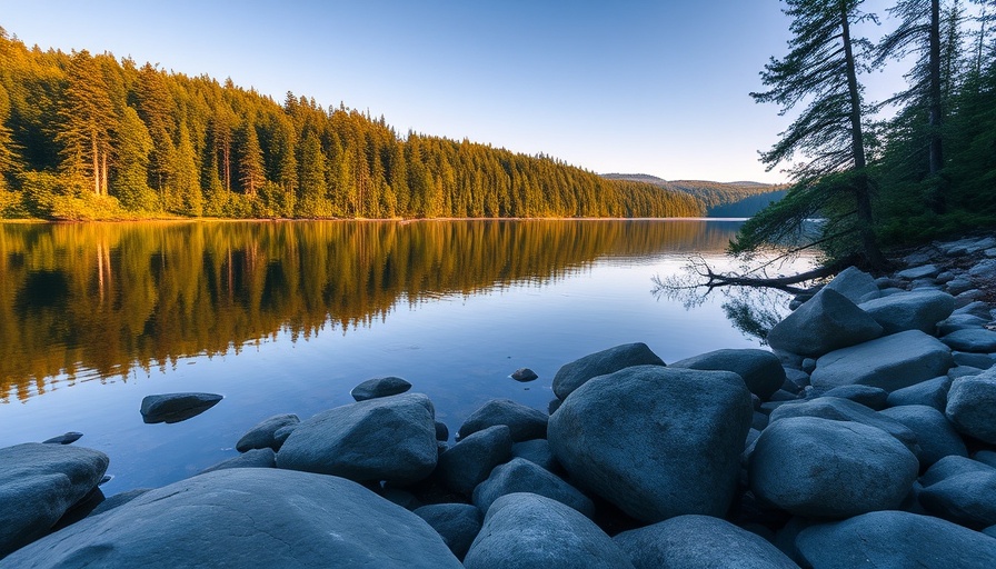Peaceful lake for RV camping in Minnesota surrounded by lush greenery.