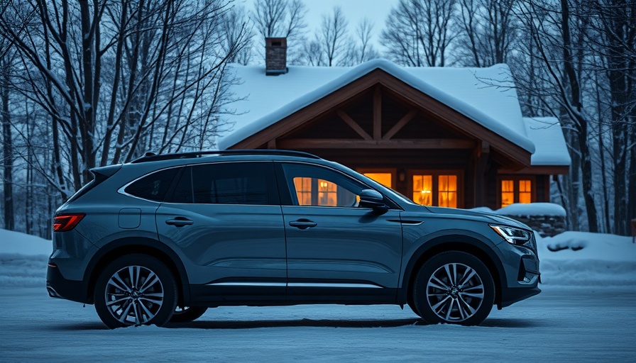 SUV parked outside snowy cabin at dusk.