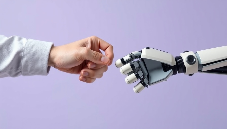 AI in HR automation: human and robot hand fist bump signifying partnership.