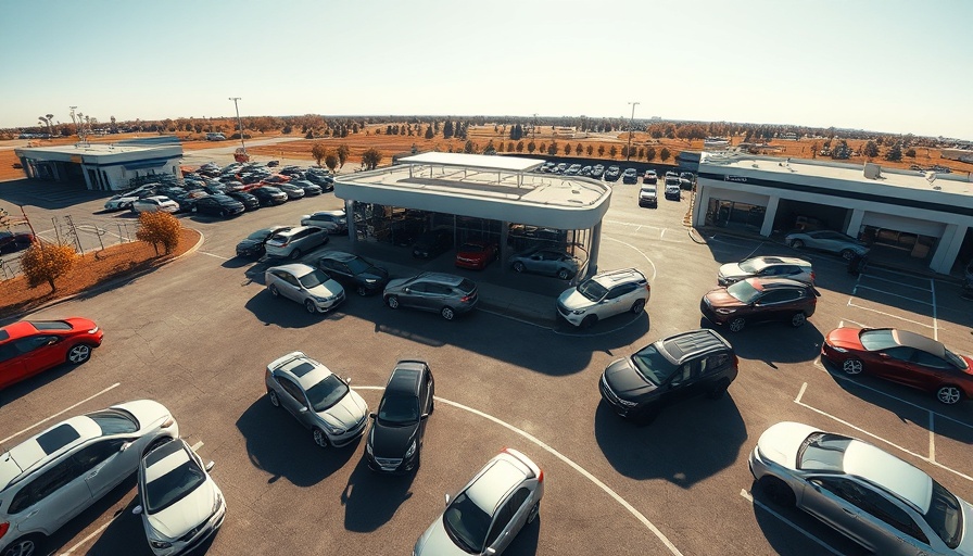 Expansive car dealership lot with diverse parked cars, 0% interest rate for automotive dealers.